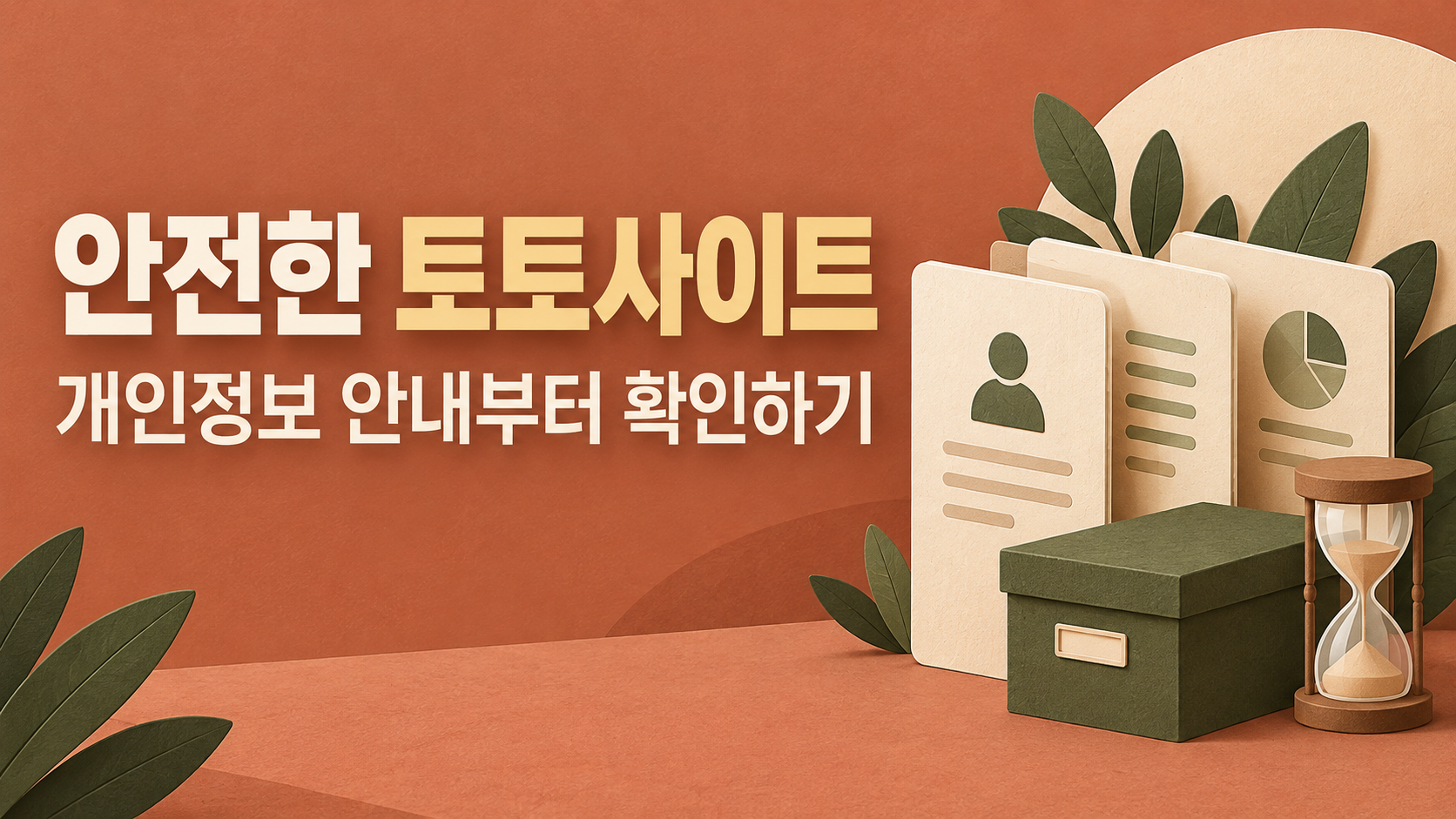 안전한 토토사이트 개인정보 안내 확인 Privacy information cards beside an archive box and hourglass on a terracotta background